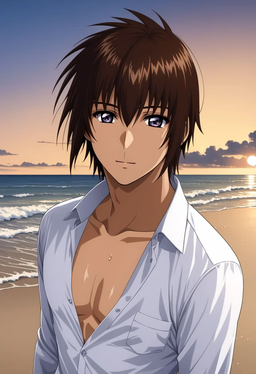 ASCII kira_yamato, hair parting left, 1man, mature adult male focus, white open shirt, solo, slim, thin waist, warm beige skin, brown hair,
detailed symmetric glossy eyes, expressive eyes, large purple eyes, looking at the viewer,
sexy posing, in a beach, sweaty, 
full body portrait,
masterpiece, best quality, ultra high res, intricate detail, clamshell warm lighting