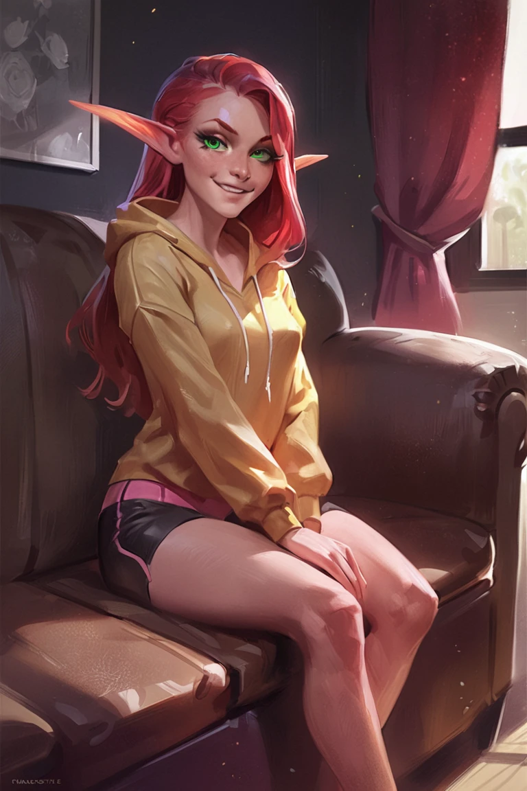 masterpiece, best quality, hi res, newest, pinkdreamsstyle, concept art, digital art, realistic, elf, pointy ears, red hair, long hair, green eyes, yellow hoodie, bike shorts, smile, 1girl, solo, looking at viewer, cowboy shot, sitting, on couch, couch, indoors, living room <lora:Pink Dreams Style LoRA_SeaArt Furry XL 1.0:0.7>