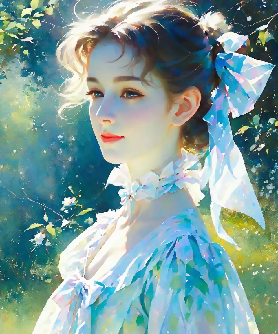 (looking_at_viewer:1.4),(front view:1.4),(open eyes:1.4),Dream pastel,Impressionist painting,delicate brushstrokes,smile,female figure,pastel colors,bow in hair,outdoor setting,sunlight filtering,serene atmosphere,floral pattern,sheer fabric,ethereal quality,light-dappled foliage,elegant posture.,<lora:Dream pastelV2-000022:0.5>,