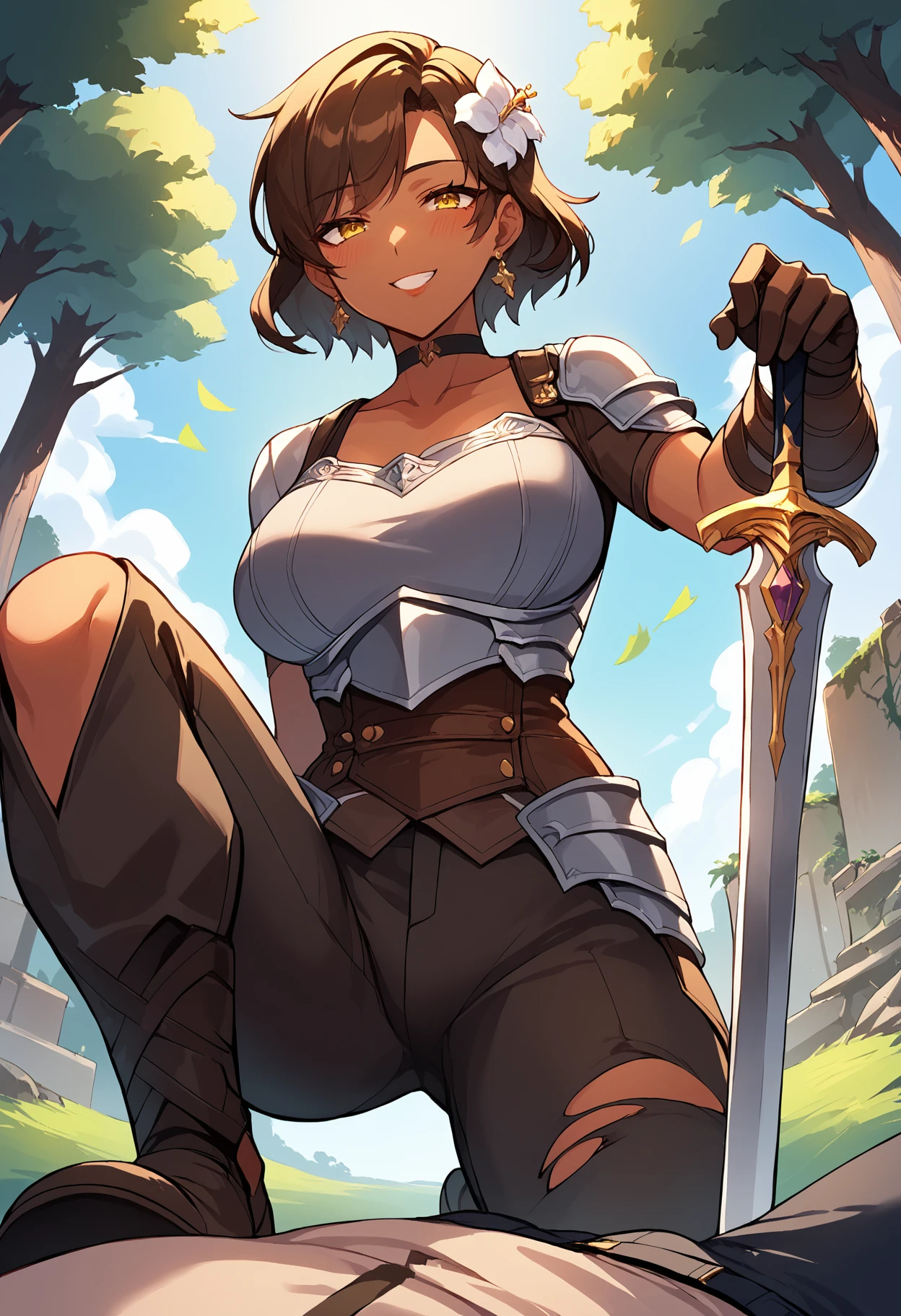 score_9, score_8_up, score_7_up, rating:safe, source_anime, ultra details,masterpiece,4k,best quality, hires, planted sword, hand on hilt,holding sword, mature female,1girl,1boy, dark-skin,dark-skinned female, yellow eyes, cute lips, brown hair, medium hair,sword,hair flower, fantasy,shirt, pants, (gloves:1.1), choker,angle shot, (pov:1.2), blush, naughty face, seductive smile, ruins,forest, (on one knee:1.2), holding sword, torn clothes, armor,pov crotch, defeated, from below
<lora:Anime Style LoRA XL:0.8> <lora:One hand planted sword (pony) v1:1>