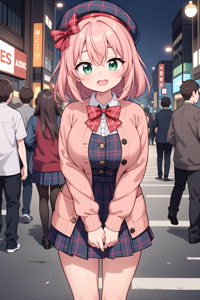 insanely detailed, absurdres, ultra-highres, ultra-detailed, best quality,
1 girl, solo, nice hands, perfect hands
BREAK
(vintage-inspired beret with flower pin:1.3), (navy and red plaid dress:1.5), (golden buttons down the front:1.2), (ivory blouse with ruffle detailing and red bow tie:1.4), (peach cardigan with cable knit pattern:1.3), (black tights:1.1), (red Mary Jane shoes:1.2)
BREAK
smile, open mouth, wavy mouth,
standing, cowboy shot, looking at viewer
BREAK
slender, kawaii, perfect symmetrical face, ultra cute girl, ultra cute face, ultra detailed eyes, ultra detailed hair, ultra cute, ultra beautiful,
BREAK
in harajuku, shibuya, tokyo, street, crowd, cityscape,
large breasts
BREAK
(pink medium hair, dark green eyes), hair between eyes