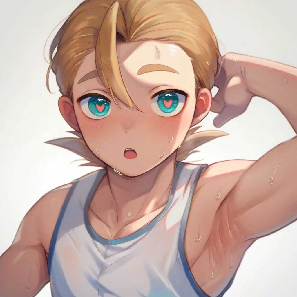 score_9, score_8_up, score_7_up, score_6_up, score_5_up, score_4_up, solo, 1boy, male focus, light brown hair, blue eyes, tank top, white shirt, sleeveless, arm up, armpit, open mouth, sweat, looking at viewer, wide-eyed, raised eyebrows, heart-shaped pupils, noticel ines