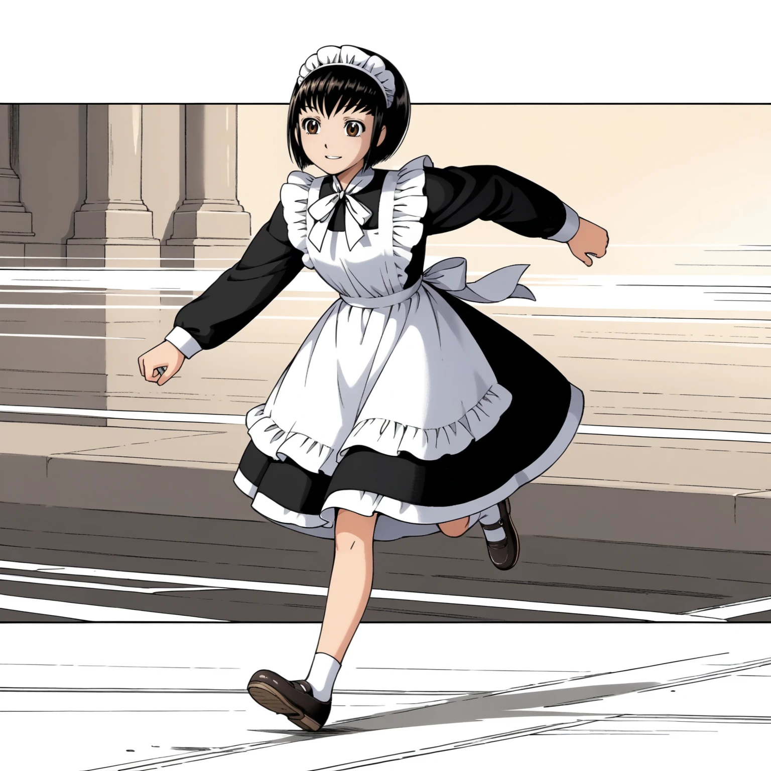 <lora:ShirleyMXLpony001>,
smile,
solo,
ShirleyM,1girl,black hair,bob cut,brown eyes,
maid,long_sleeves,shoes,
full body,running,