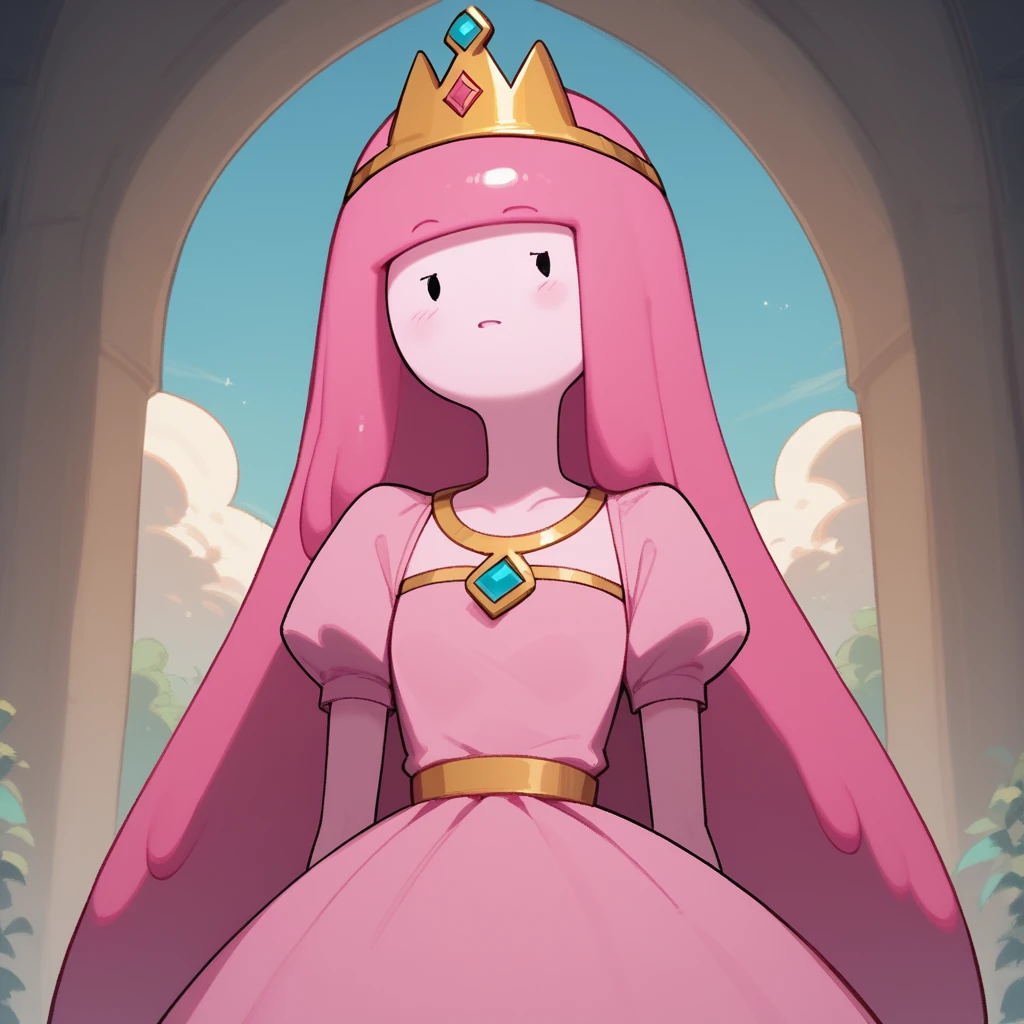 score_9, score_8_up, score_7_up,source_cartoon,princess bubblegum from adventure time,pink skin,(flat cartoon), 1girl,[masterpiece], dot eyes,pink dress ,crown