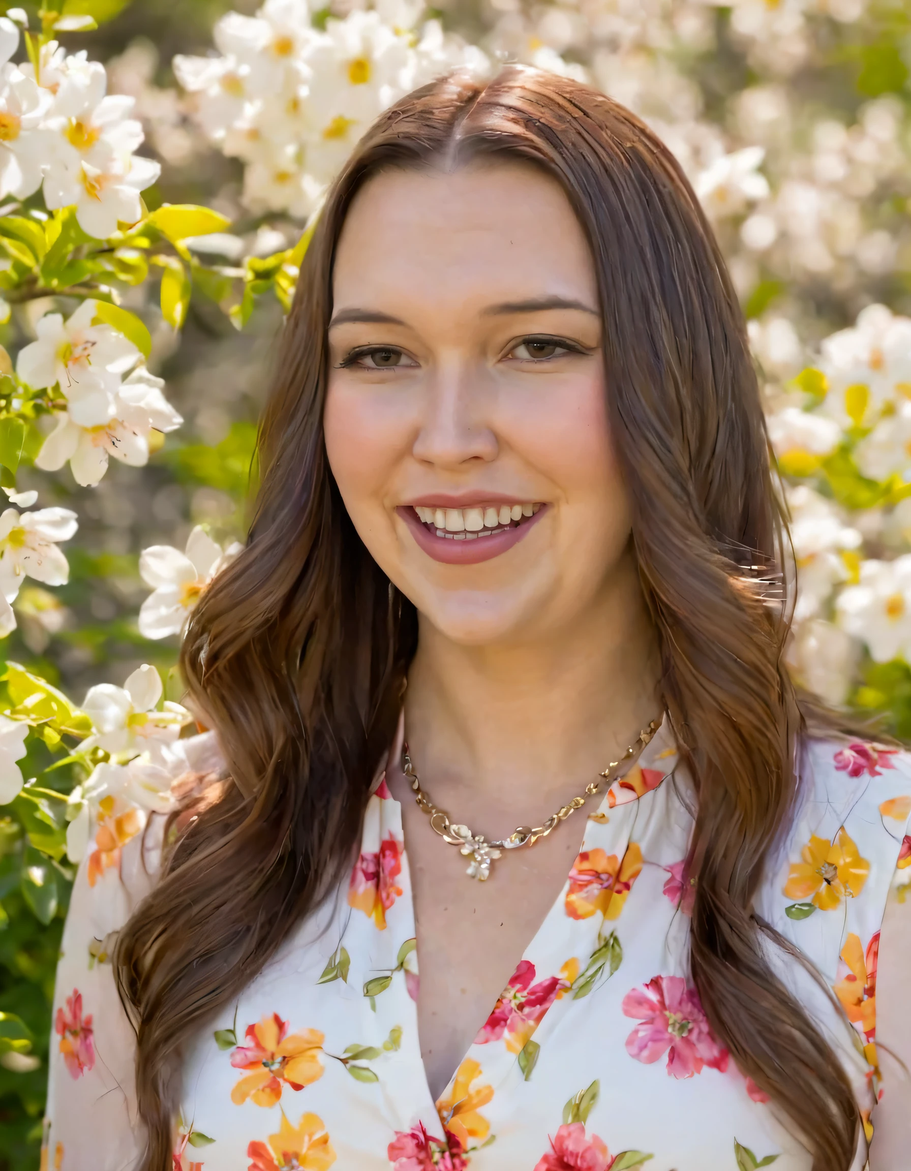 In the vibrant, sun-soaked park, a woman with long, luscious brown hair and deep brown eyes stands before a backdrop of blooming flowers. She sports a radiant smile that's beautifully contrasted by her slightly parted lips, showcasing the faint hint of a mole on her left cheek. Dressed in an elegant outfit adorned with Gretchen Vosburgh's signature jewelry pieces - a charming necklace being the centerpiece - she strikes a pose that exudes both grace and confidence. <lora:yttkzq18f4b5a2264p6ca:1>
