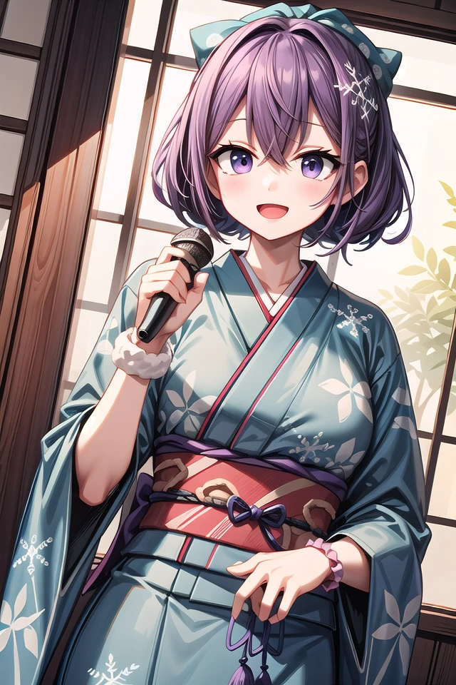 insanely detailed, absurdres, ultra-highres, ultra-detailed, best quality,
1girl, solo, nice hands, perfect hands
BREAK
(pastel-blue and white theme:1.4), (maxi length pastel-blue kimono with [white] obi:1.4), (Extremely detailed snowflake-symbol print:1.3), (wrap a white scrunchie around wrist:1.3),
(naked skin:-1), (white kimono:-1), (legs:-1.4), (slit:-1.4)
BREAK
happy smile, laugh, open mouth, (standing, singing, dancing, holding microphone:1.4),
from below,
seductive pose, cowboy shot
BREAK
slender, kawaii, perfect symmetrical face, ultra cute girl, ultra cute face, ultra detailed eyes, ultra detailed hair, ultra cute, ultra beautiful
BREAK
indoors, japanese, ryokan, tatami, futon
BREAK
medium breasts,
(purple hair, purple eyes), hair between eyes