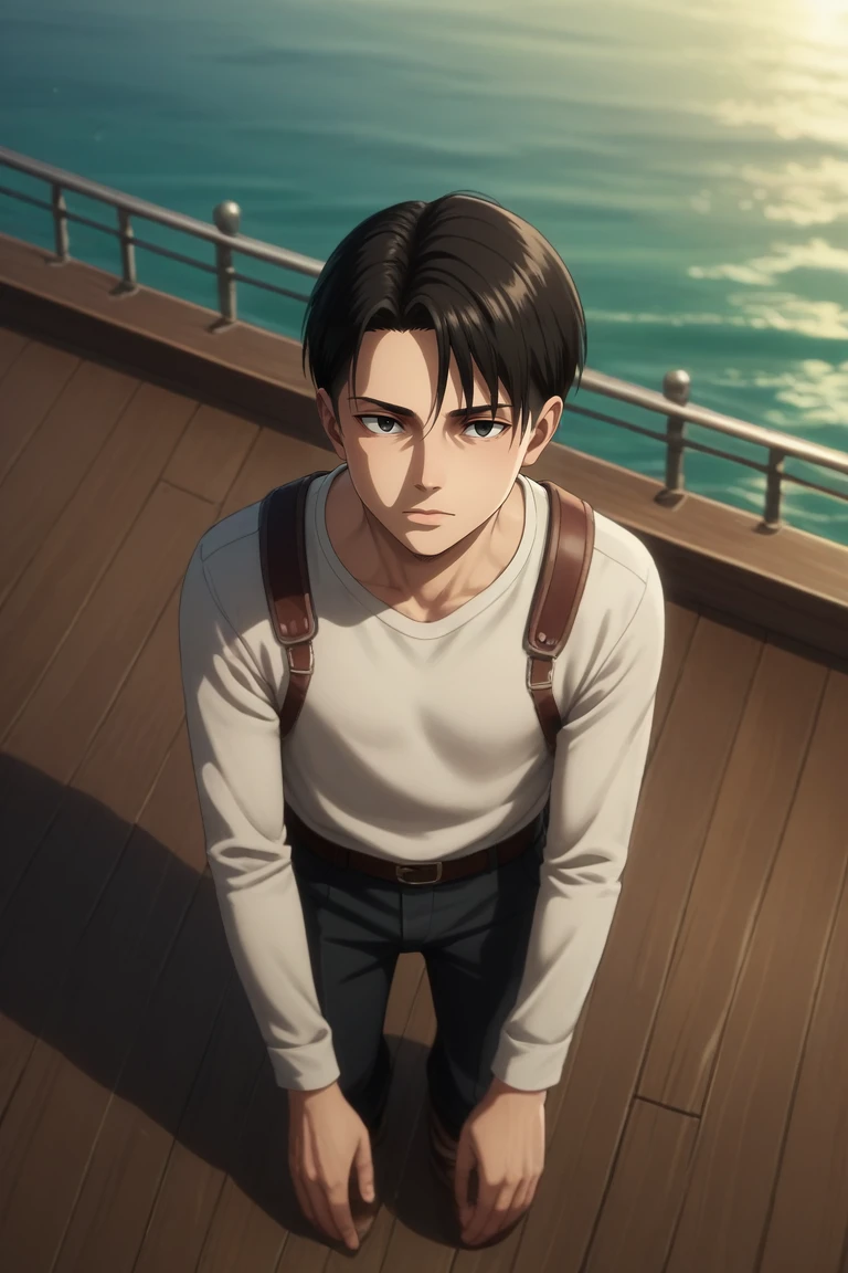 score_9, score_8_up, score_7_up, source_anime, rating_safe, intricate details, semi-realistic, , depth of field, 1boy, solo, male focus, <lora:levi_ackerman_pony:0.8>, levi_ackerman, black hair, black eyes, short hair, curtained hair, , from above, full body, boat, ship, night, crescent moon, slouching, distracted, aloof, oblivious, ,, <lora:sdxl_lightning_8step_lora:1>