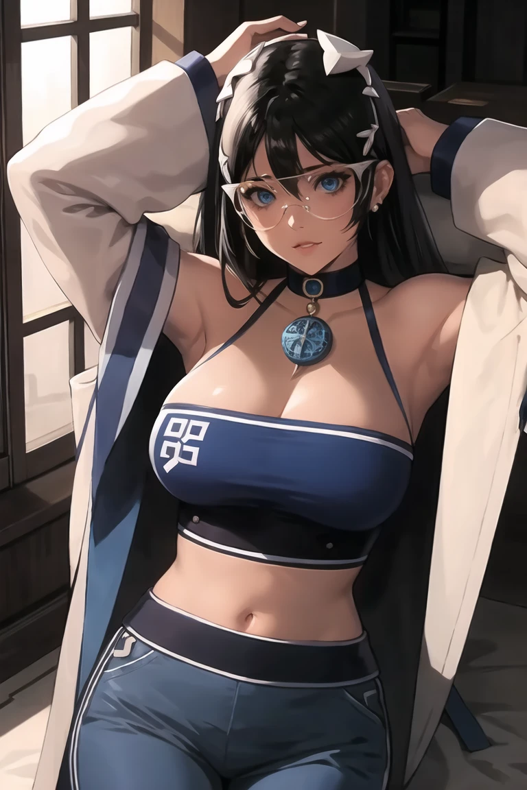 masterpiece,BEST QUALITY,gina1,indoors,bedsheet,windows,light through windows,lying on back,arms up,<lora:gina:0.7>,long hair,black hair,blue eyes,breasts,cleavage,off shoulder,glasses,round eyewear,hair behind ear,bangs,coat,blue pants,long sleeves,choker,hair ornament,looking at viewer,halter neck,