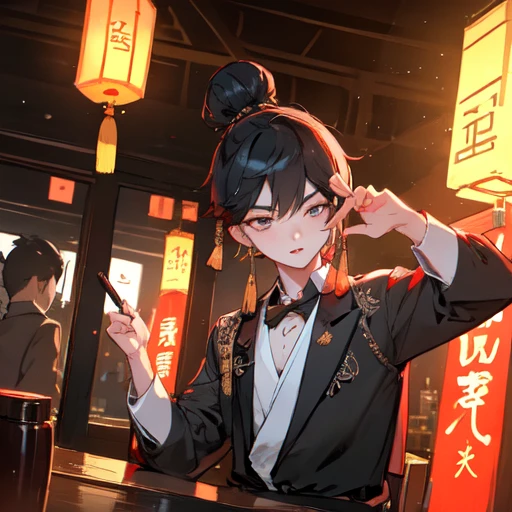 chinese pretty (boy:1.1) stay in the night club, night, small light