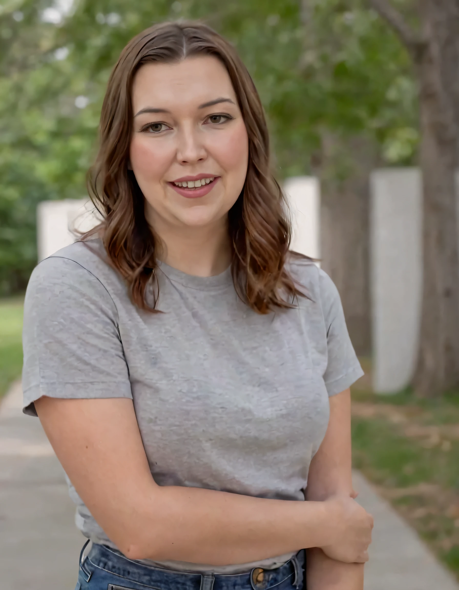 In a picturesque park setting, Gretchen Vosburgh is captured in a striking photo. Dressed in a casual yet stylish outfit consisting of a loose-fitting t-shirt, high-waisted jeans, and comfortable sneakers, she stands solo against the backdrop of a grey background. Her beautiful brown hair cascades over her shoulders, framing the face that bears a warm smile as her parted lips catch the eye. A small but charming mole adorns her left cheek, adding a personal touch to this captivating image of a woman exuding confidence and happiness. <lora:yttkzq18f4b5a2264p6ca:1>