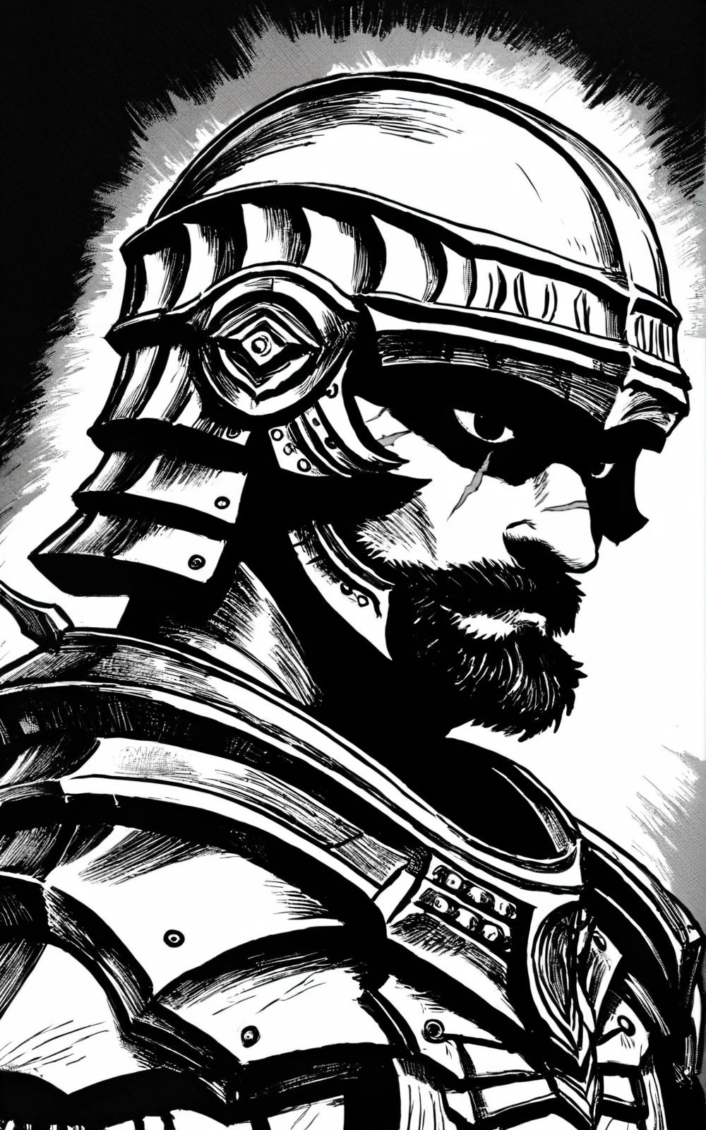 score_9, score_8_up, score_7_up,((best quality)), absurdres, <lora:BerserkStyle:0.8>,greyscale, monochrome, armor, male ,armor,, black hair, scars, helmet,  beard, black eyes, scar in face