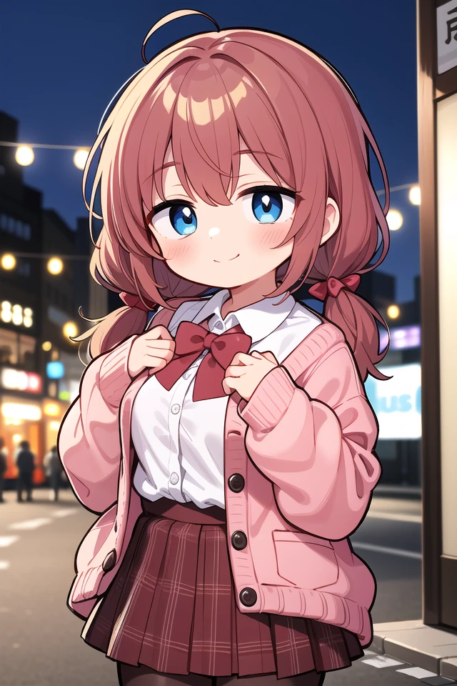 insanely detailed, absurdres, ultra-highres, ultra-detailed, best quality,
1girl, solo, nice hands, perfect hands
BREAK
(School Uniforms:1.2), (pink cardigan is fit body:1.4), ((do up a buttons, not loose):1.5), ((long sleeve, sleeves past wrists):1.2), (inner wear is white collared-shirt:1.3), (red plaid-pattern bow:1.3), (red plaid-pattern pleated skirt:1.3), ((dark-brown pantyhose, loafers):1.2)
BREAK
(nsfw:-1.5)
BREAK
happy smile, laugh, closed mouth
BREAK
,
standing, cowboy shot, looking at viewer
BREAK
slender, kawaii, perfect symmetrical face, ultra cute girl, ultra cute face, ultra detailed eyes, ultra detailed hair, ultra cute, ultra beautiful
BREAK
in street, cityscape in harajuku, depth of field, ultra detailed background
BREAK
medium large breasts
BREAK
hime cut, (low twintails:1.3), messy hair, medium hair, (red brown hair, dark blue eyes:1.3)
<lora:eyecolle_torenia_v100:0.5> <lora:eyecolle_nadeshiko_v100:0.5>