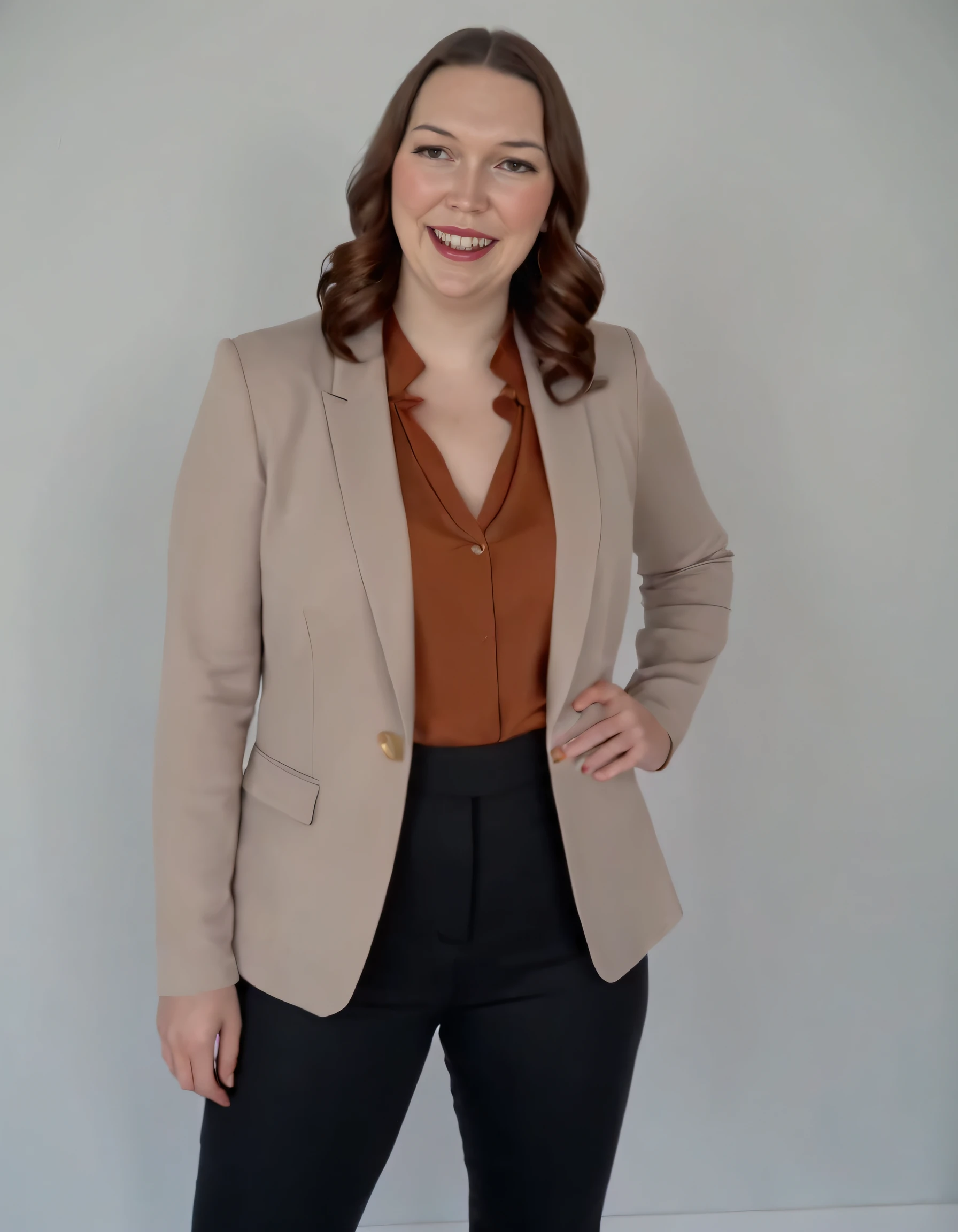 In front of a sleek grey backdrop, Gretchen Vosburgh stands alone, her weight shifted onto one hip in a carefree pose, as she gazes directly at the viewer with a radiant smile, her brown eyes sparkling with warmth and charm, long chestnut locks cascading down her shoulders and back in loose waves, her chic outfit consisting of a tailored blazer over a silk blouse, accessorized with delicate gold jewelry, creating an elegant yet approachable aesthetic. <lora:vzvlyq18f4b5e35b0z6dc:1>