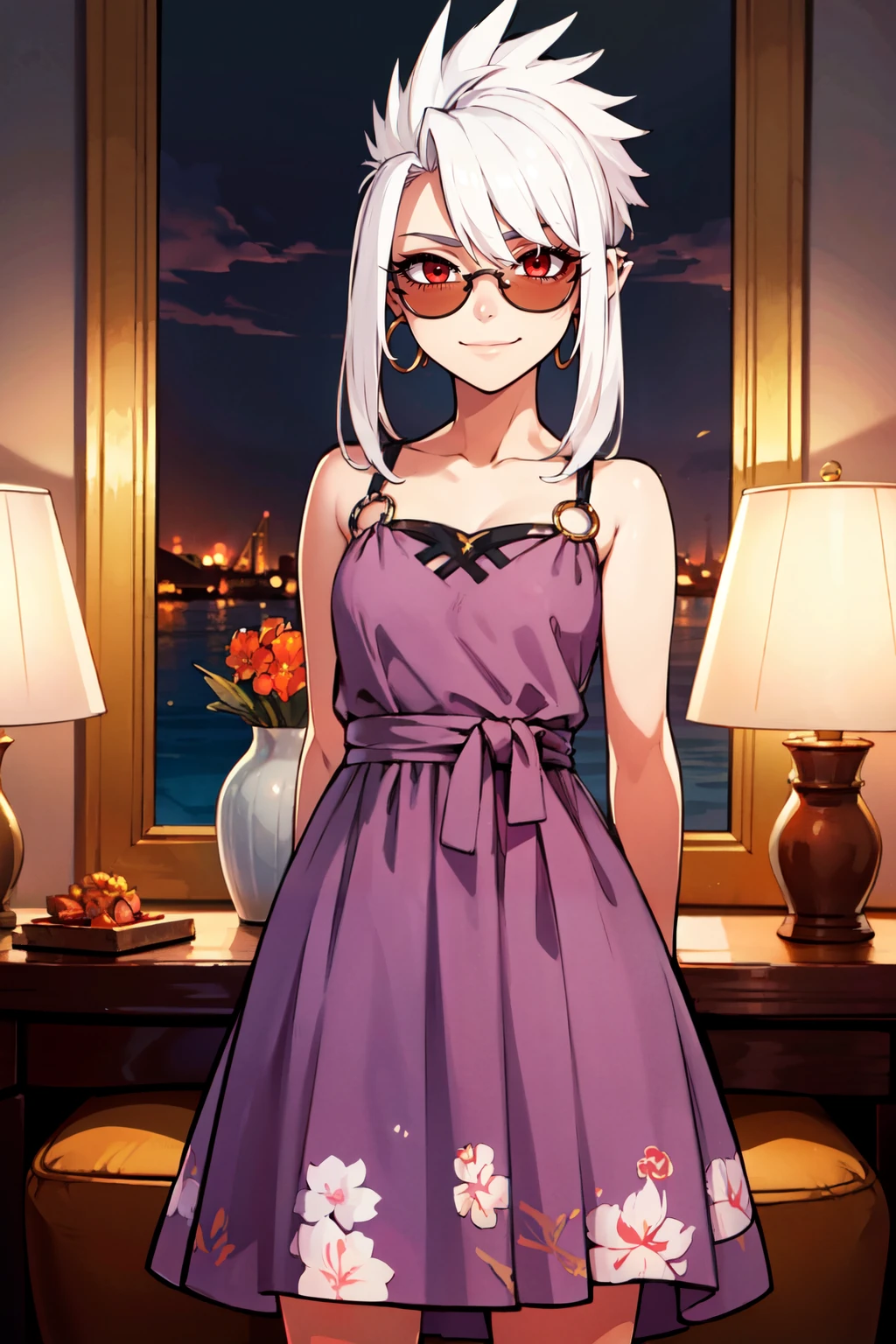 ((masterpiece,best quality)), absurdres, <lora:IllyasvielVonEinzbern_v1:0.8>, zzIllya, white hair, red eyes, long hair, as a ((warlord)) with ((faux hawk haircut)) adorned with (toe rings) at the sea, lavender floral dress, white sunglasses, silver hoop earrings dark room, black and white wall art, contrast lighting, minimalistic decor facing camera, slight smile, relaxed stance by, ,solo, smiling, looking at viewer, cowboy shot,