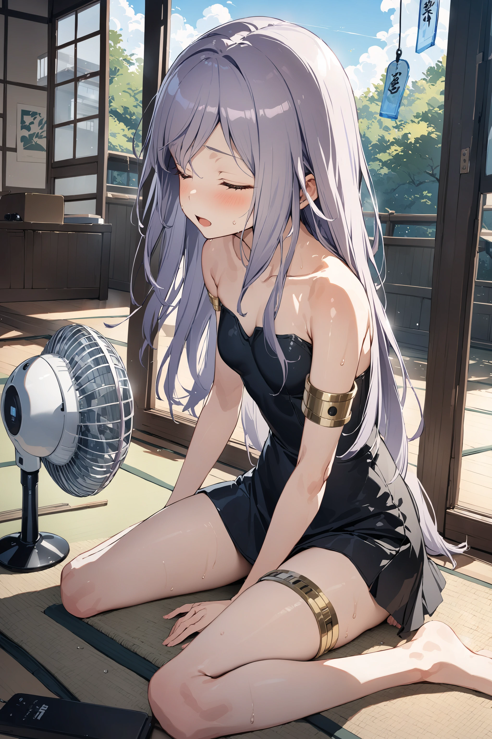 , masterpiece, absurdres, high detail, uhd, tatami, veranda, low woods, sky, sunshine, summer, wind,
sitting wariza, electric fan, wind chime, closed eyes, open mouth, sweat,
solo, u-511 \(pump\), black dress, short dress, strapless dress, bare shoulders, bare legs, bare foot, armlet, thighlet,
<lora:XL_Animagine_kancolle-u511(pump)-t1:0.9>