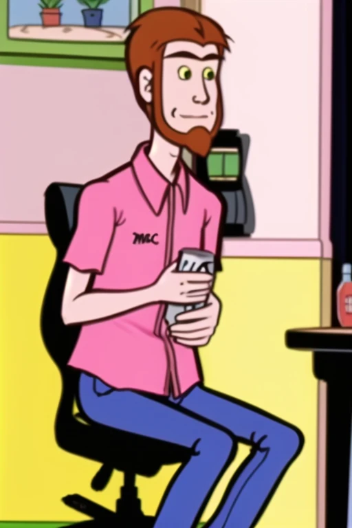 <lora:Mission Hill - Jim Kuback - 1999:0.8> mh_jim, 1boy, unibrow, red_hair, red_beard, pink_buttondown_shirt, mac_shirt, jeans, yellow sclera, holding_can, smile, <lora:lcm_sd15_mini_6mb:1>