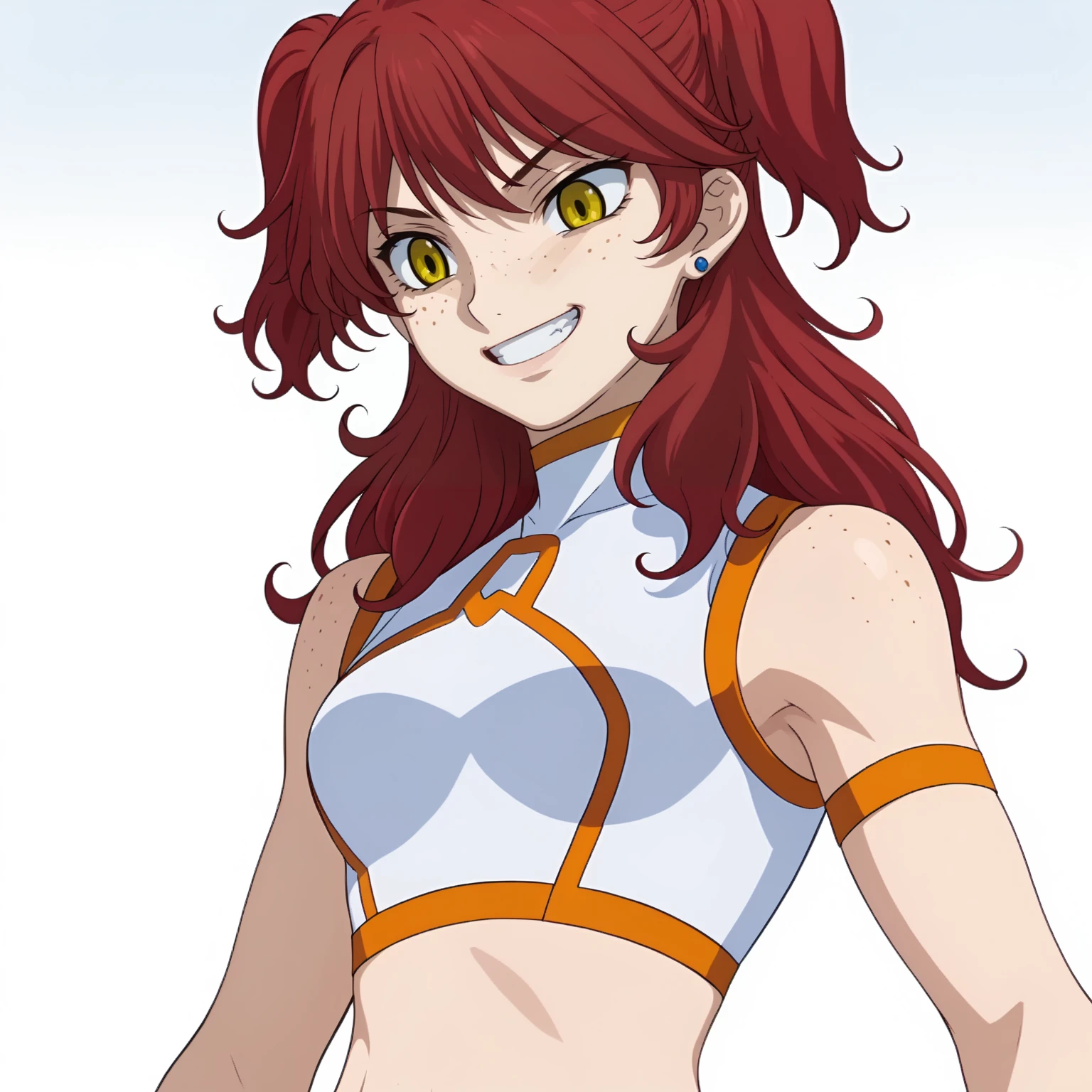 <lora:NenaTrinityXLpony006>,
solo,
NenaTrinity,1girl,
long hair,two side up,red hair,earrings,freckles,yellow eyes,
crop_top,midriff,sleeveless,
armband,
shaded_face,grin,looking down,