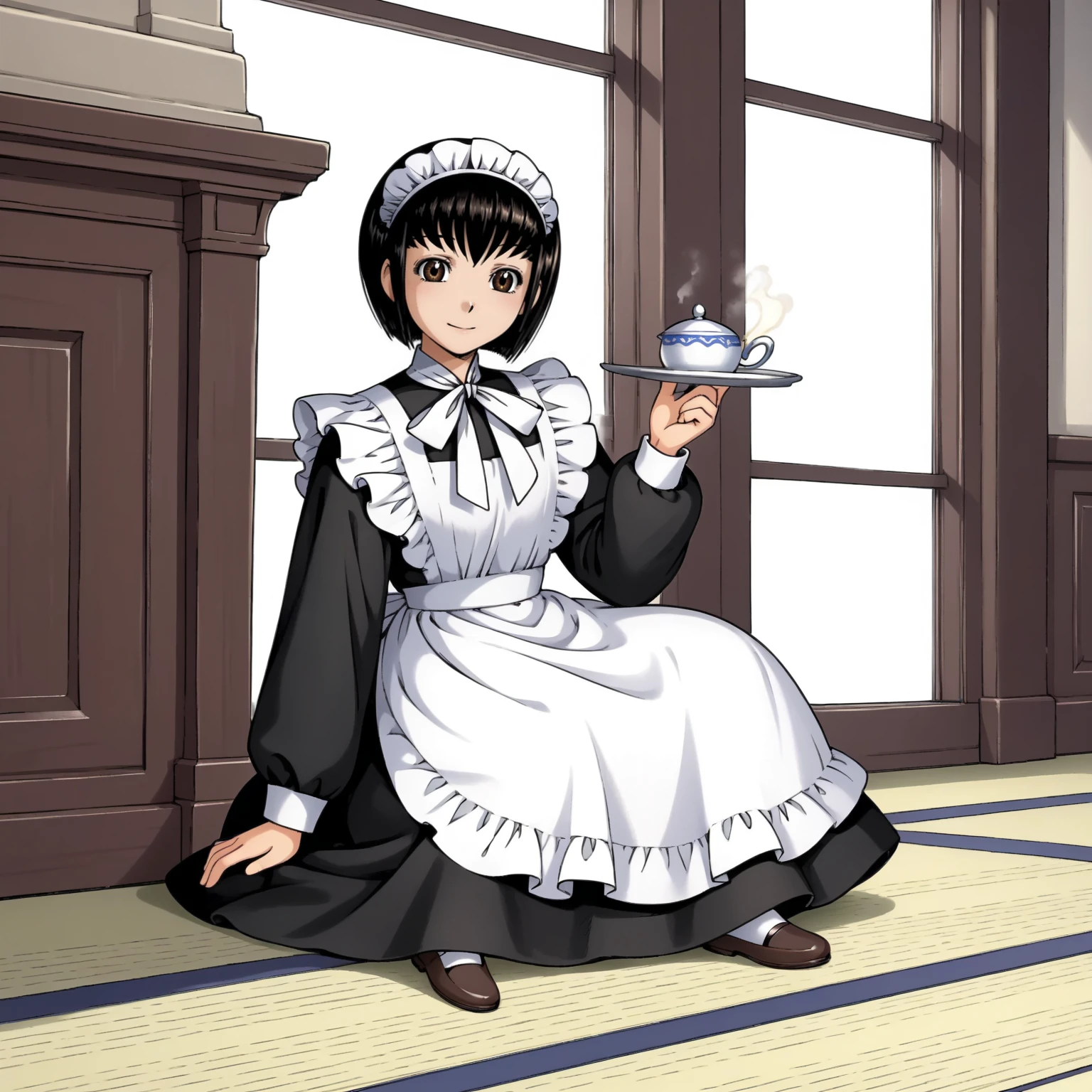 <lora:ShirleyMXLpony001>,
smile,
solo,
ShirleyM,1girl,black hair,bob cut,brown eyes,
maid,long_sleeves,
full body,sitting,