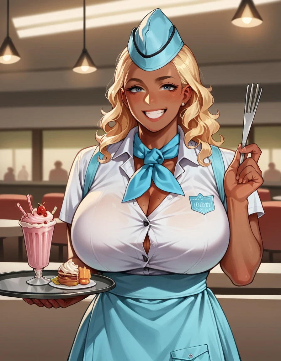 score_9, score_8_up, score_7_up, score_6_up, score_5_up, score_4_up, source_anime, best quality, (solo:1.3),diner, 1boy, dark skin, 1girl, long curly blonde hair, huge breasts, hud_wttress, collared shirt, skirt, neckerchief, garrison cap, apron, <lora:hud_wtrss:0.7>, tray, smile, milkshake