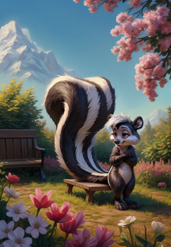 <lora:PepelePewTunesI:1>   PepelePewTunesI, skunk, antro, furry,
solo,  [park, grass, France, bench, flowers, bushes, clear sunny day, sky with clouds,],  day, (beautiful, aesthetic, perfect, delicate, intricate), masterpiece, nude, naced, 
by ulitochka, by taran fiddler, by Silverfox5213, by personalami,