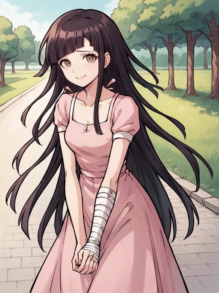 score_9, score_8_up, score_7_up, 1girl, Tsumiki Mikan, long hair, black hair, brown eyes, 
nervous, smile, 
bandaged arm, 
pink dress, sundress, outdoors, standing, park, looking at viewer, v arms, own hands together, 