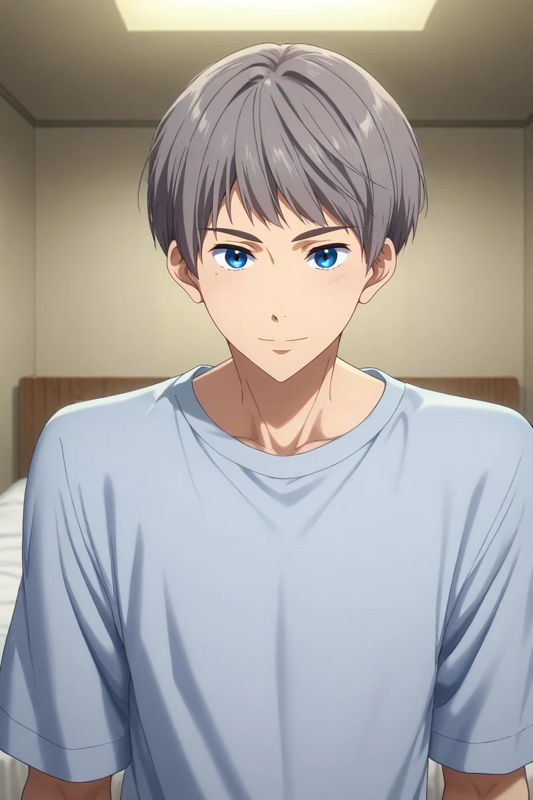 score_9, score_8_up, score_7_up, source_anime, rating_safe, intricate details, , looking at viewer, , 1boy, solo, male focus, <lora:aiichirou_nitori_pony:1>, aiichirou_nitori, grey hair, blue eyes, , rule of thirds, bedroom, bed, nightstand, indoors, dark, dynamic pose, light smile, , <lora:sdxl_lightning_8step_lora:1>