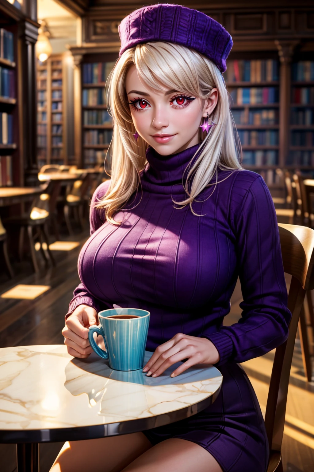 (ultra realistic,32k, masterpiece:1.2),(high detailed skin:1.1),( high quality:1.1), <lora:IllyasvielVonEinzbern_v1:0.8>, zzIllya, white hair, red eyes, papakha, purple headwear, purple turtleneck sweater, earrings, library, cup of coffee, sitting at table ,solo, smiling, looking at viewer, cowboy shot, blooming stars, luminescent petals, otherworldly fragrance blurry background, (looking at viewer, standing:1.1), huge breast, large breast, <lora:add_detail:0.92>, (glowwave:1.1),