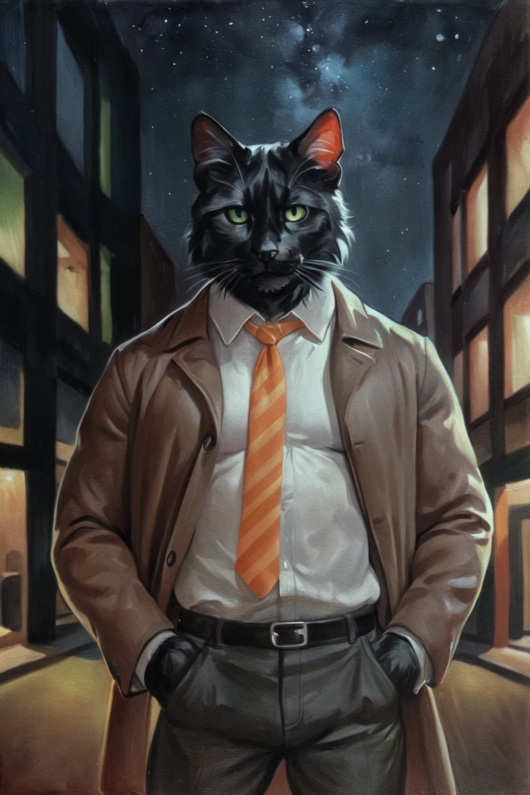 masterpiece, best quality, hi res, newest, traditional media, realistic, furry, black cat, cat, black fur, green eyes, white collared shirt, long sleeves, striped necktie, orange necktie, beige coat, black pants, muscular, 1boy, solo, male focus, mature male, looking at viewer, cowboy shot, standing, outdoors, city, building, night, night sky, dark background <lora:Green Patina Style LoRA_SeaArt Furry XL 1.0:0.7>