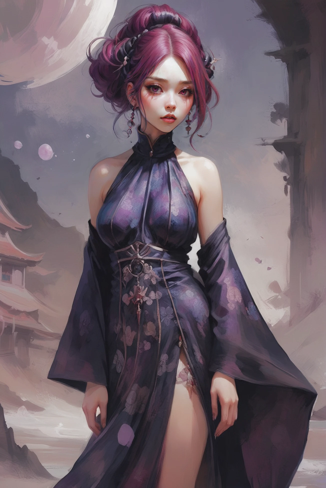 anime digital painting, 1girl, woman, malevolent goddess, (very high collar:1),(flowing dress:1.3), bombshell hair, purple and magenta hair, hair rings, seashell clothes, slim figure, narrow waist, tight ass, medium breasts, japanese, whimsical fantasy settlement at the end of the universe<lora:EnvyStarlightMistborn01:1>