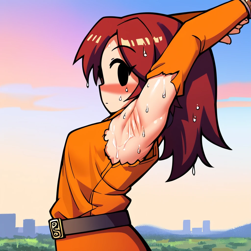 score_9, score_8_up, score_7_up, score_6_up, best quality, masterpiece, source_anime, detailed background, evening, clouds, cel shading, vector, flat colors, BREAK 1girl, mii_gunner_(\smash_bros_4\), large head, amber hair, female, black eyes, dot eyes, orange long sleeve shirt, torn shirt, belt, stretching, arms up, armpits, pit stain, wet armpits, armpit focus, side view, blush, <lora:PDXL_MiiGunner_S4:1>