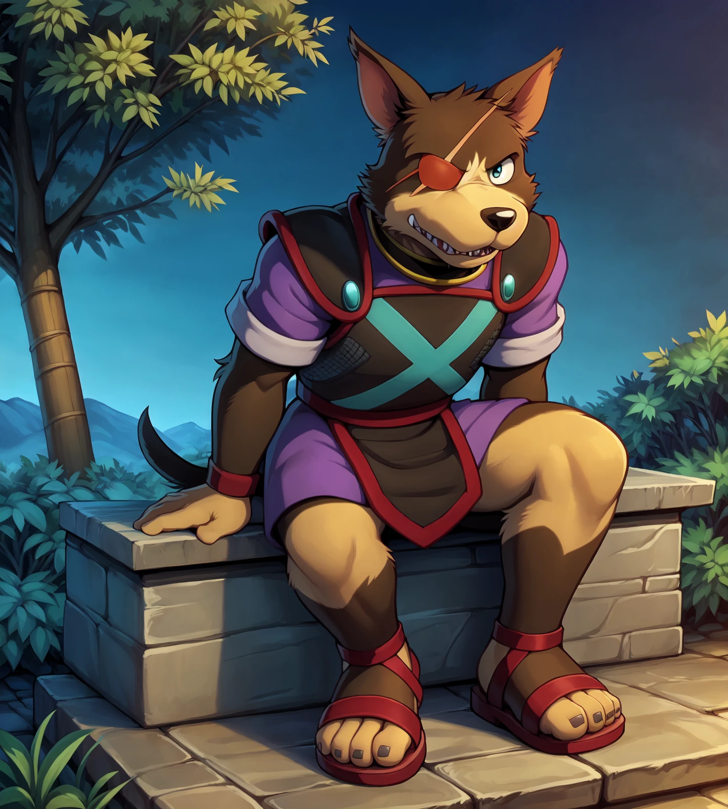 this photograph depicts a sab3ru resting on a stone bench, sab3ru,tunic, eye patch, scar, detailed teal eyes, solo, tail, canine teeth,sandals,5 fingers, fur, sitting, domestic dog, detailed fur,mammal,male,canine, anthro,determined, 4k, hi res, insanely detailed, detailed background, outdoors,medieval village, by braeburned, by sky gomi,by sigma x, by zackary911,  by ivan-jhang, by inumania, by nurinaki, by spiritd, by nawka, <lora:sab3ru_YMv2:0.9>