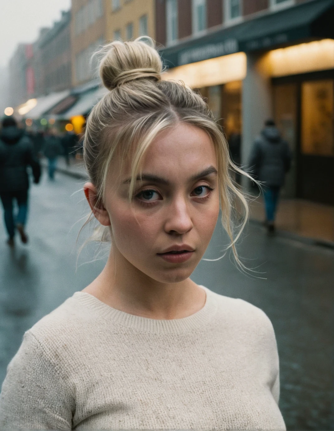 high resolution photo of sydsw woman,her hair blonde and hair bun,close-updramatic lighting,volumetric lighting,film grain,cinematic,walking in the street,looking at camera,depth of field,bokeh,fog