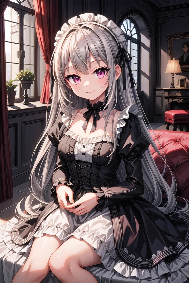 ((masterpiece:1.4, best quality)), ((masterpiece, best quality)),
one girl, cute girl, silver hair, long hair, pink eyes, smile, black gothic dress, white frill, hair dress,
indoors, castle, gothic, cute pose