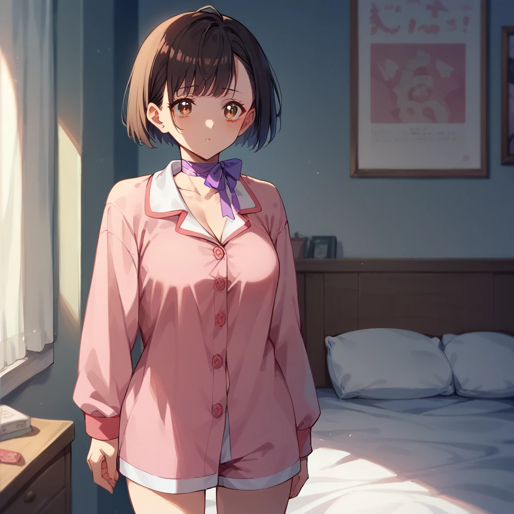 score_9,score_8_up,score_7_up,score_6_up,  <lora:Mumei - Koutetsujou no Kabaneri-000003:1>, 1girl, standing, bedroom, bed, medium breasts, "KabaneriMumei,short hair,brown eyes,ribbon choker,purple ribbon,pink pajamas"