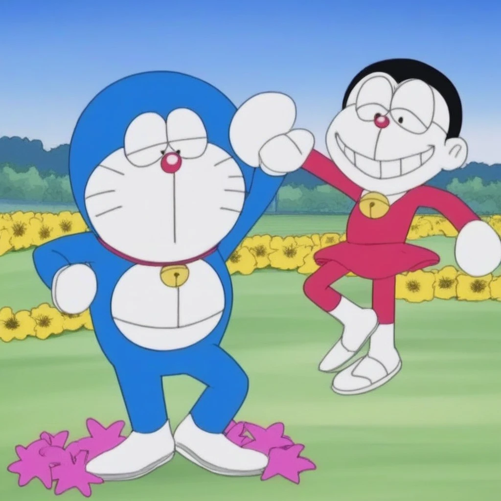 nobita and gorameon dancing in a flower field