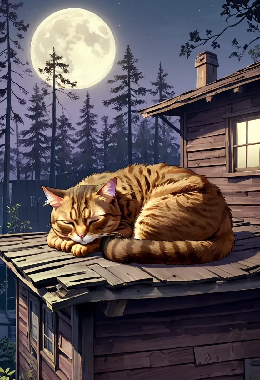 high quality digital poster art, a sleeping Brown Cat with eyes closed curled up on a old shack rooftop in the moonlight, dark shadows, tranquil forest background, GTA style <lora:Brown Cat:1>   <lora:GTA:1.3>