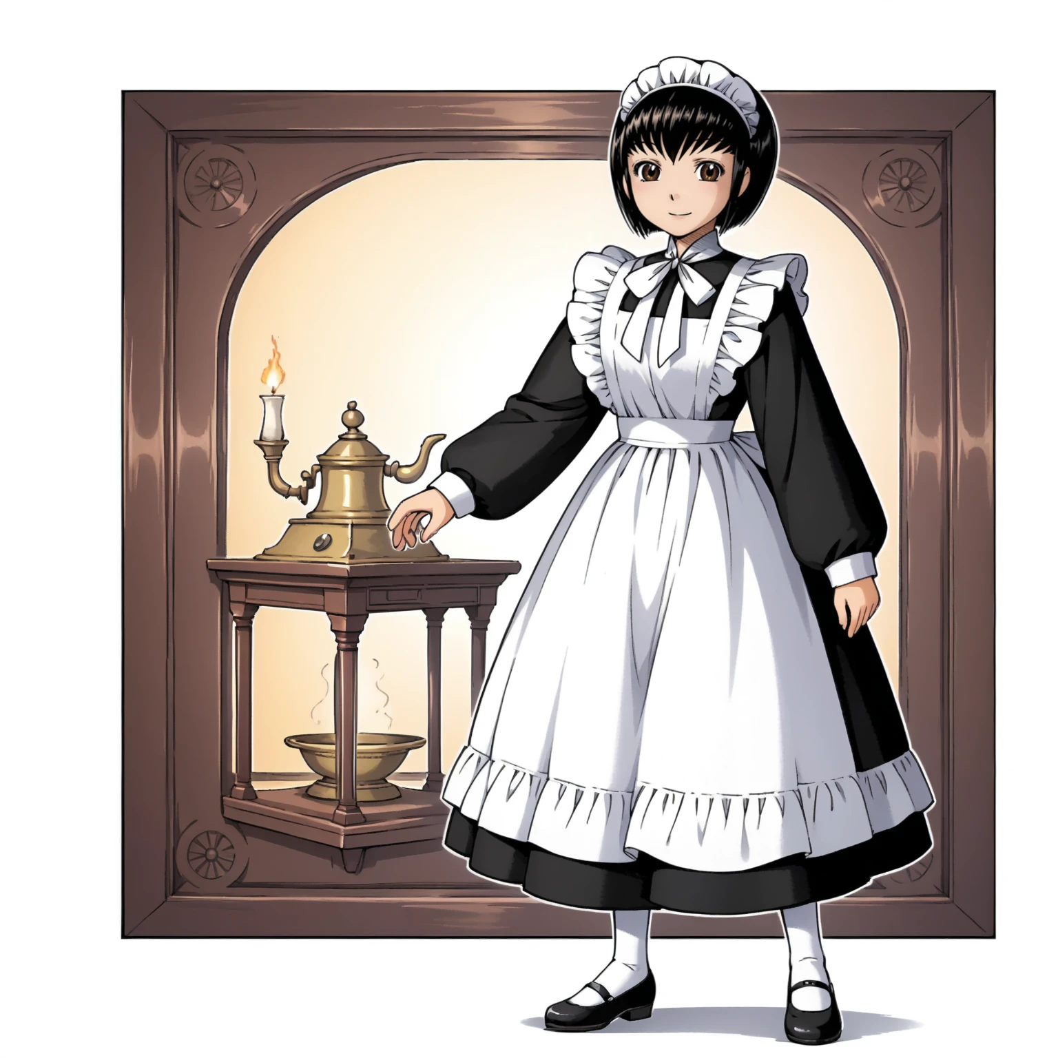 <lora:ShirleyMXLpony001>,
smile,
solo,
ShirleyM,1girl,black hair,bob cut,brown eyes,
maid,long_sleeves,
full body,standing,