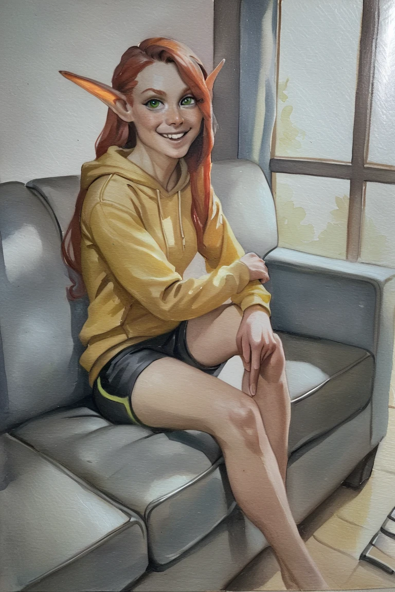 masterpiece, best quality, hi res, newest, traditional media, realistic, elf, pointy ears, red hair, long hair, green eyes, yellow hoodie, bike shorts, smile, 1girl, solo, looking at viewer, cowboy shot, sitting, on couch, couch, indoors, living room <lora:Blue Water Style LoRA_SeaArt Furry XL 1.0:0.7>