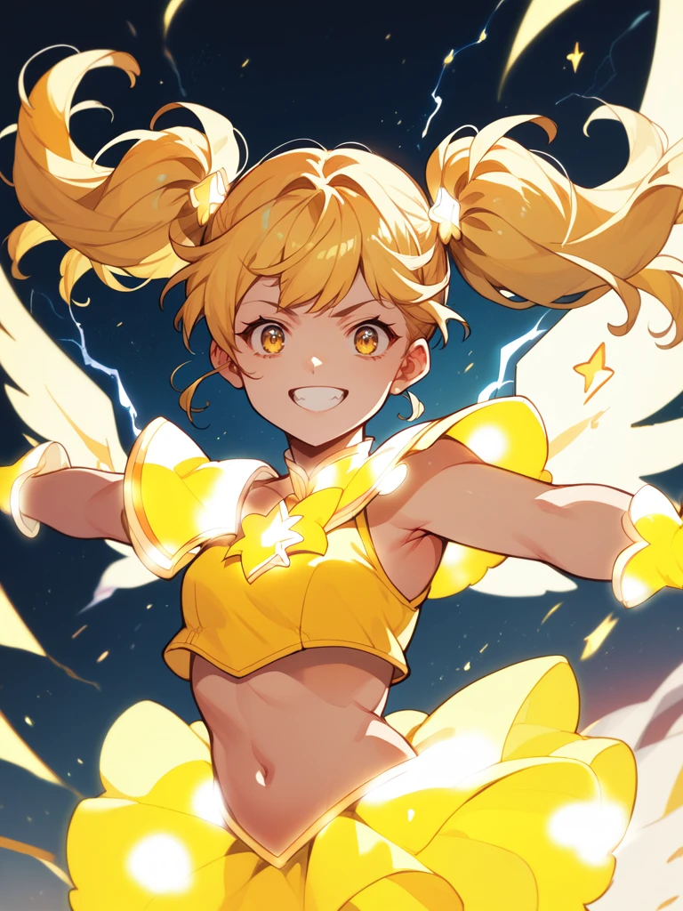 score_9,score_8_up,score_7_up,source_anime,rating_safe,1 girl,<lora:henshin_d:1>,henshin_d,glowing dress,smile,teeth,upper body,spread arms,yellow twintails,thunderbolt,electricity,wing,yellow top,