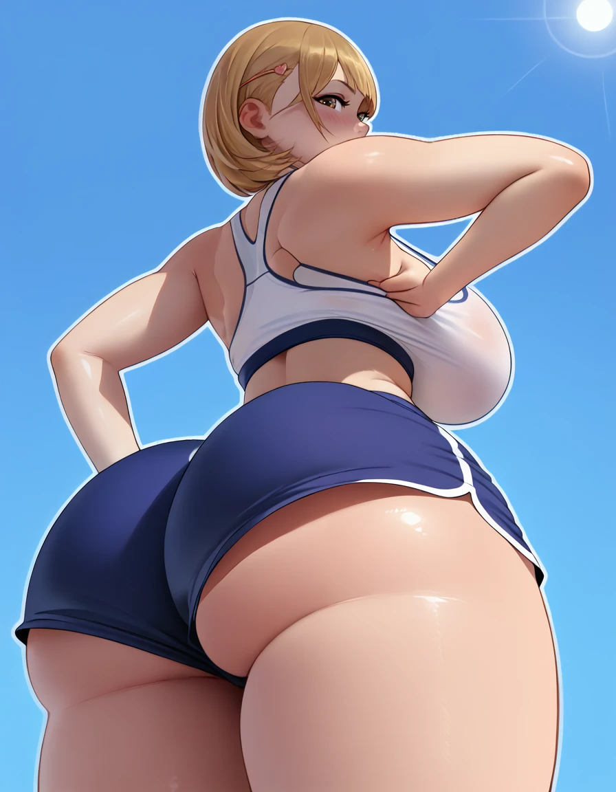 Woman in a swimsuit, sweaty, curvy, busty, evil smirk, thick thighs, view from below, presenting hindquarters,  groping butt, looking at viewer