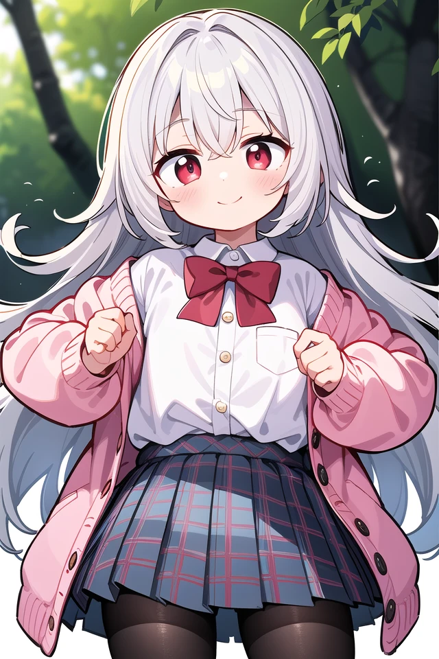 insanely detailed, absurdres, ultra-highres, ultra-detailed, best quality,
1girl, solo, nice hands, perfect hands
BREAK
(School Uniforms:1.2), (pink cardigan is fit body:1.4), ((do up a buttons, not loose):1.5), ((long sleeve, sleeves past wrists):1.2), (inner wear is white collared-shirt:1.3), (red plaid-pattern bow:1.3), (red plaid-pattern pleated skirt:1.3), ((dark-brown pantyhose, loafers):1.2)
, (cleavage:-1.5)
BREAK
happy smile, laugh, closed mouth
BREAK
(45 angle:-1.5), (from side:-1.5),
standing, cowboy shot, looking at viewer
BREAK
slender, kawaii, perfect symmetrical face, ultra cute girl, ultra cute face, ultra detailed eyes, ultra detailed hair, ultra cute, ultra beautiful
BREAK
in forest, depth of field, ultra detailed background
BREAK
medium large breasts
BREAK
(grey hair, red eyes), spiked hair,