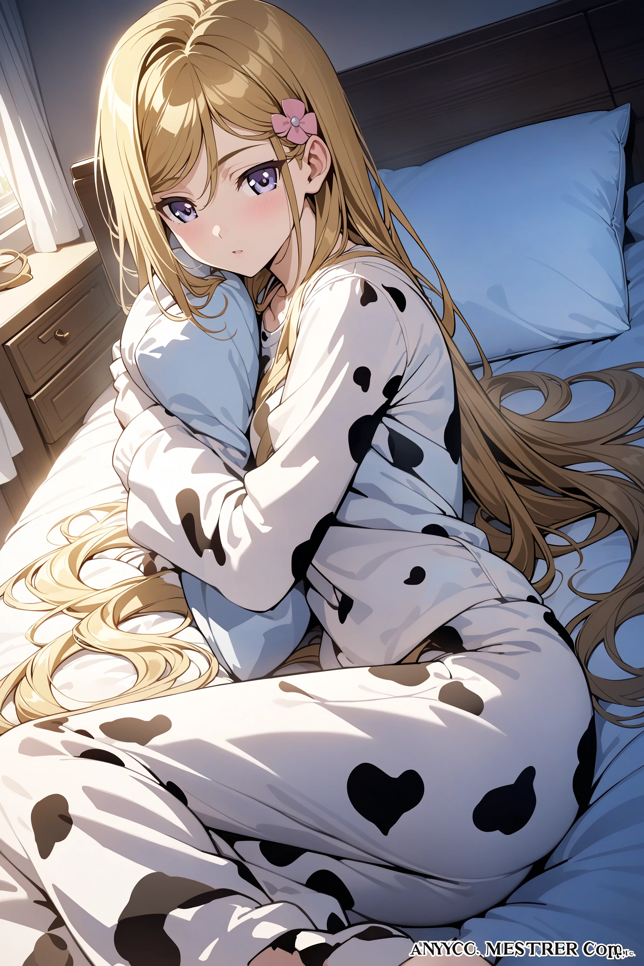 , masterpiece, absurdres, high detail, official art, 8k,
holding pillow, bedroom, on side,
solo, mafuyu, long hair, white pajamas, pajama pants, animal print, cow print, long sleeves, sleeves past wrists 
<lora:XL_Animagine_hentai-mafuyu-t2:0.9>