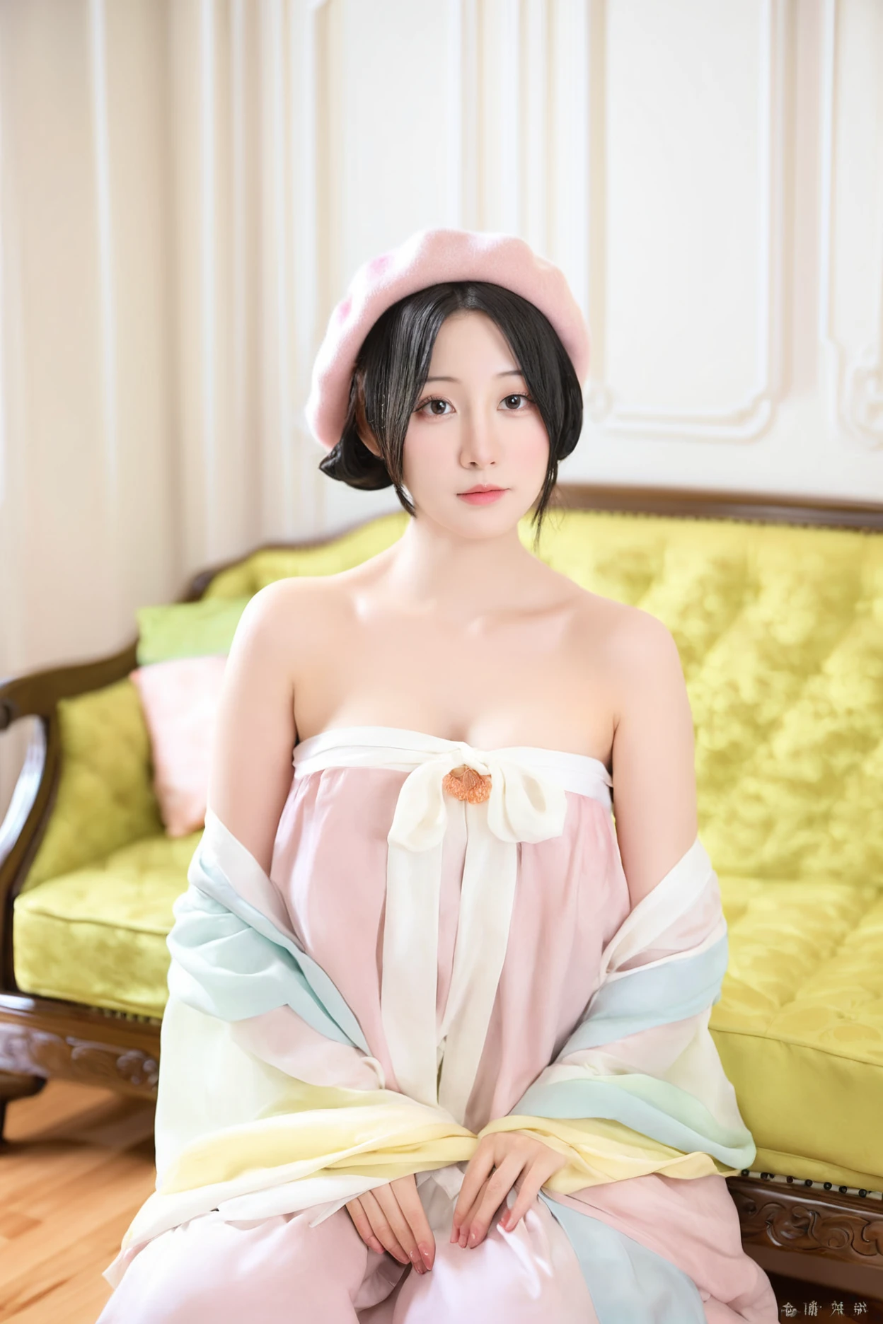 hanfu nsfw, softly lit portrait,expose breasts, medium breasts, bare shoulders, The image depicts a young woman sitting gracefully on a sofa. She is adorned in a white tang dynasty hanfu duijin shan, square collar, Her by a soft pink beret. sgazing directly at the camera with a gentle expression,blurred background suggesting a bright,airy room,pastel color palette,delicate and whimsical ambiance,soft-focus effect,high-key lighting