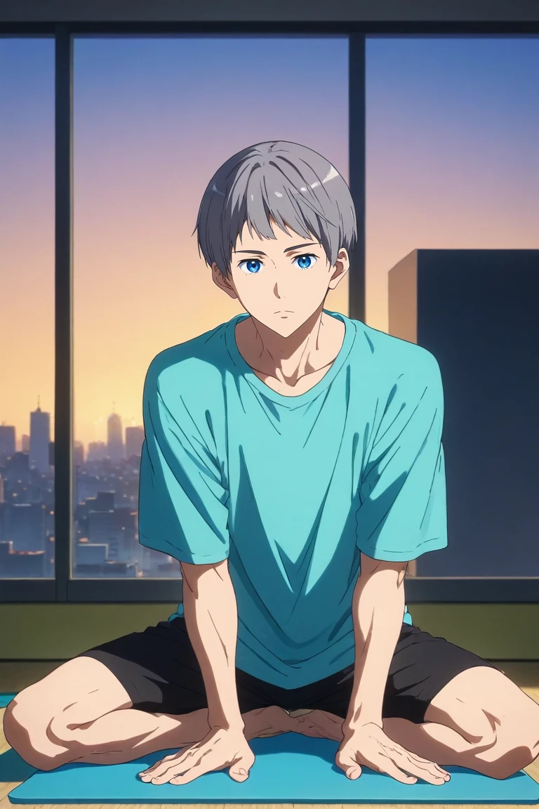 score_9, score_8_up, score_7_up, source_anime, rating_safe, , , looking at viewer, , 1boy, solo, male focus, <lora:aiichirou_nitori_pony:0.98>, aiichirou_nitori, grey hair, blue eyes, , full body, times square, dusk, yoga, expressionless, , <lora:sdxl_lightning_8step_lora:1>