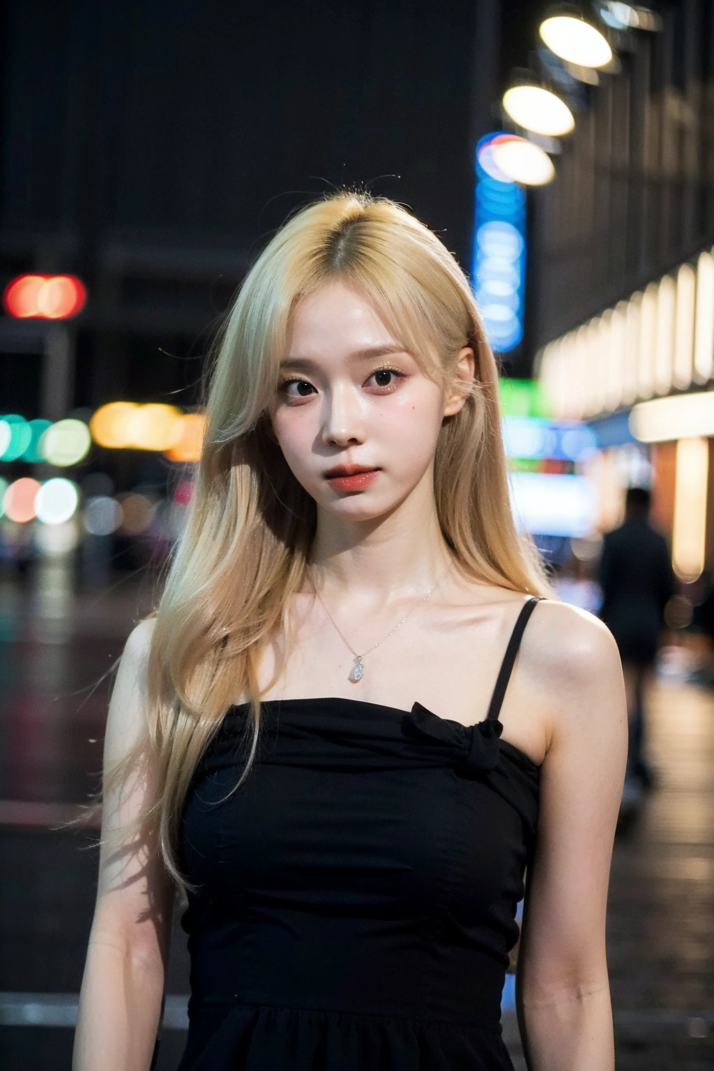 Best quality, masterpiece, ultra high res, (photorealistic), raw photo,1girl, skinny, upper body,solo, realistic, looking at viewer, long hair, bokeh background, city streets,brown eyes, black gothic sleveless dress, necklace, <lora:makina69_winter_v5.0.gold:1>, blonde hair