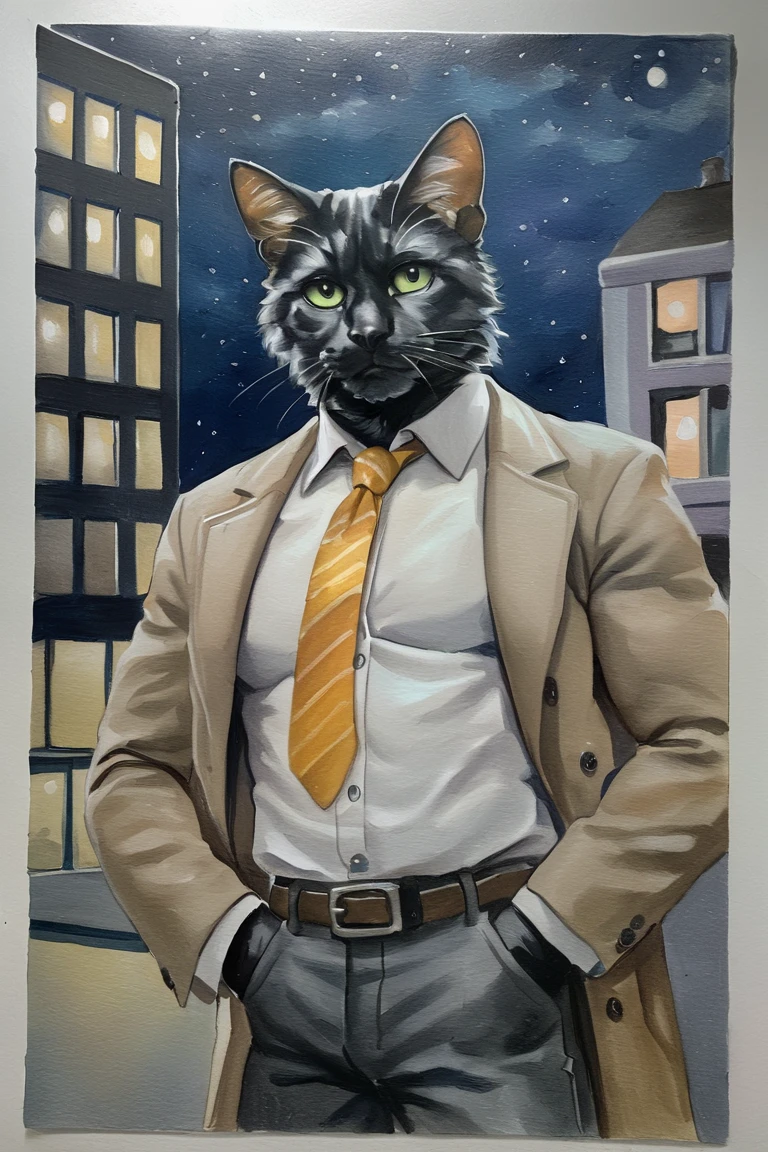 masterpiece, best quality, hi res, newest, traditional media, realistic, furry, black cat, cat, black fur, green eyes, white collared shirt, long sleeves, striped necktie, orange necktie, beige coat, black pants, muscular, 1boy, solo, male focus, mature male, looking at viewer, cowboy shot, standing, outdoors, city, building, night, night sky, dark background <lora:Blue Water Style LoRA_SeaArt Furry XL 1.0:0.7>