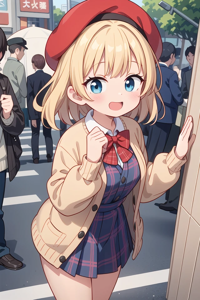 insanely detailed, absurdres, ultra-highres, ultra-detailed, best quality,
1girl, solo, nice hands, perfect hands,
BREAK
(vintage-inspired beret with flower pin:1.3), (navy and red plaid dress:1.5), (golden buttons down the front:1.2), (ivory blouse with ruffle detailing and red bow tie:1.4), (peach cardigan with cable knit pattern:1.3), (black tights:1.1), (red Mary Jane shoes:1.2)
BREAK
happy smile, laugh, open mouth, standing,
45 angle,
cute pose, cowboy shot,
BREAK
slender, kawaii, perfect symmetrical face, ultra cute girl, ultra cute face, ultra detailed eyes, ultra detailed hair, ultra cute, ultra beautiful,
BREAK
in harajuku, shibuya, tokyo, street, crowd, cityscape,
BREAK
medium breasts,
(blonde medium hair, blue eyes),