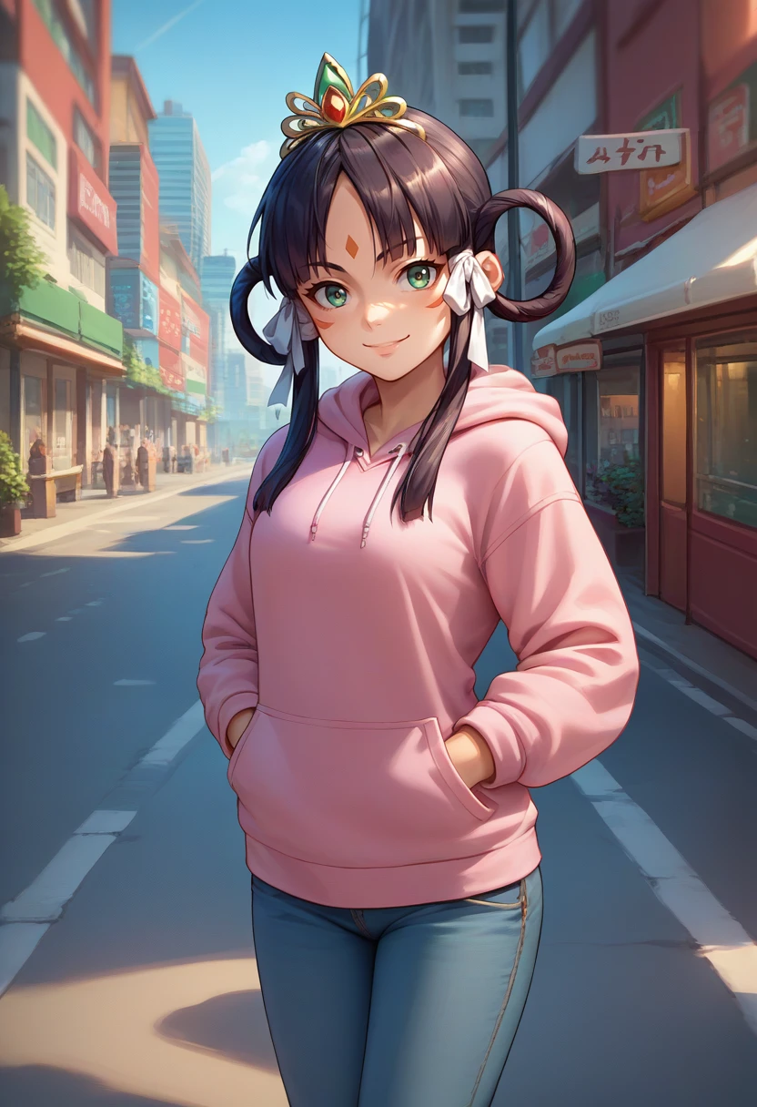 score_9, score_8_up, score_7_up, source_anime, solo, 1girl, rayfa khura'in, forehead mark, slight smile, looking at viewer, standing, hands in pockets, hair rings, hair ribbon, tiara, pink hoodie, jeans, outdoors, city street <lora:aa_rayfakhurain_ponyXL-000009:1>