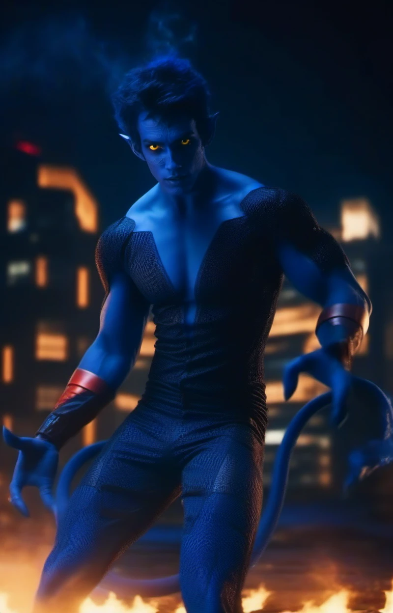 cinematic photo full body man with a blue skin, pointy ears, red and black bodysuit, yellow eyes, devil tail, blue and black smoke background, night city lights <lora:NightCrawler1024:0.8> . 35mm photograph, film, bokeh, professional, 4k, highly detailed