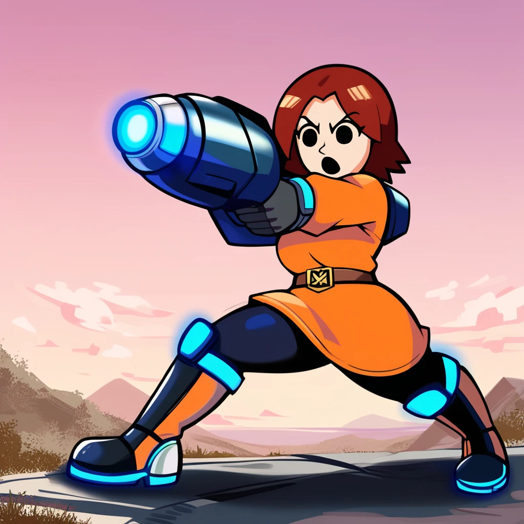 score_9, score_8_up, score_7_up, score_6_up, best quality, masterpiece, source_anime, detailed background, evening, pink background, clouds, \cel shading, \flat colors, \vector, BREAK 1girl, mii_gunner_(\smash_bros_4\), large head, amber hair, female, black eyes, dot eyes, orange dress, long sleeves, belt, gloves, black pants, thick thighs, boots, open mouth, angry, arm cannon, standing, aiming, shooting, firing, action pose, <lora:PDXL_MiiGunner_S4:1>